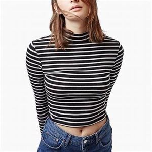 Topshop Striped Black & White Cropped Long Sleeve Turtleneck